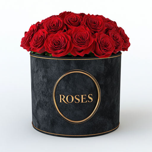 30 red roses in a round black box with gold foil logo 'ROSES' deeply carved