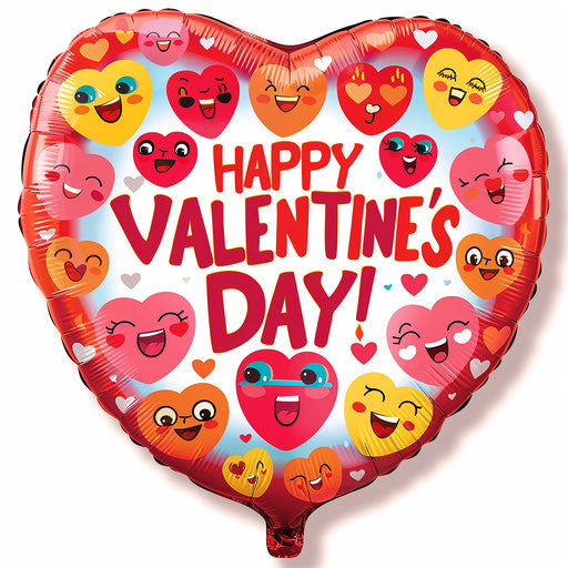 Vibrant red heart balloon covered with happy emoji symbols
