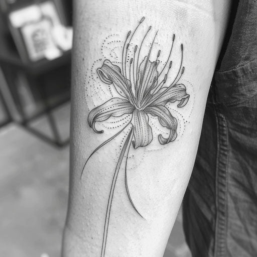 Stylized spider lily tattoo with pointillism technique