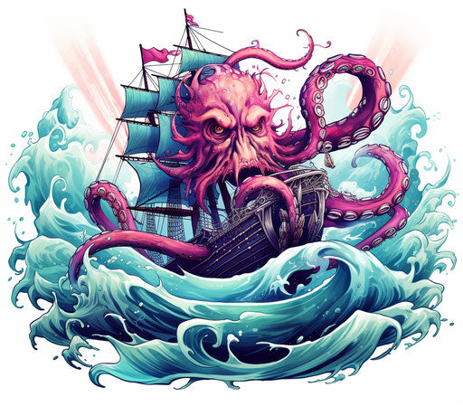 Ship attacked by octopus with large tentacles