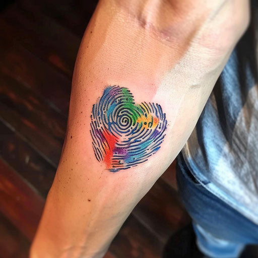 Impressionist fingerprint heart tattoo, vibrant colors on white