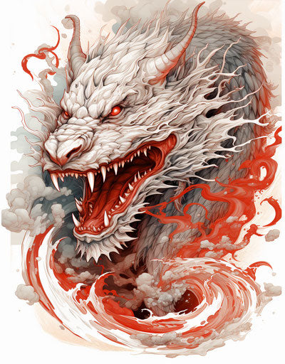 Red dragon on white background, black and white line work style, multilayered realism