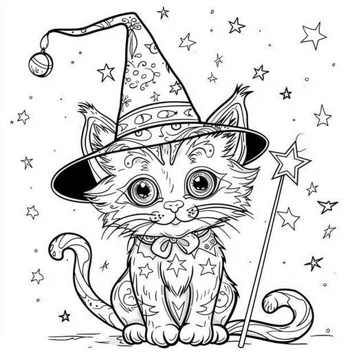 Whimsical cat with wizard hat and magic wand