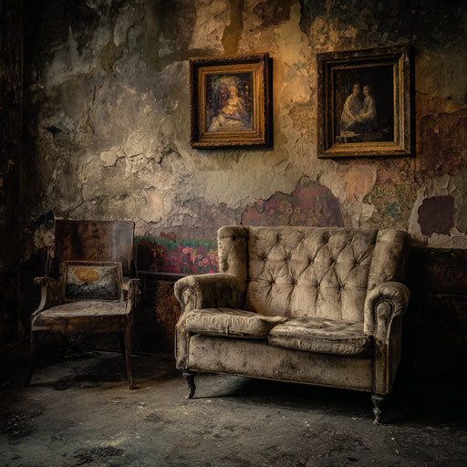 A Room with Peeling Walls and Dark Portraits