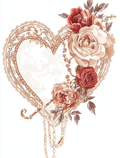 Valentine's heart with lace and beads, floral elements, on white background