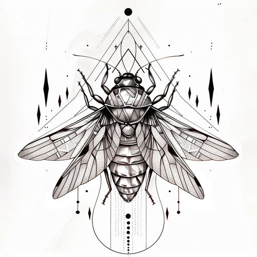 Artistic sketch of cicada with abstract geometric patterns