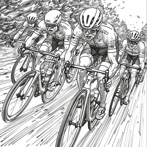 Bike race towards the finish line. Coloring book page