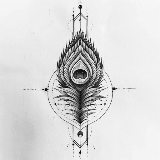Art deco peacock feather tattoo sketch with geometric shapes