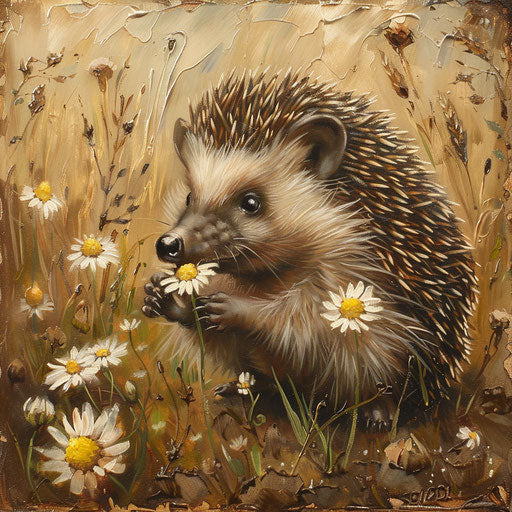 A hedgehog pausing to smell a daisy, a touch of innocence in a wild meadow.