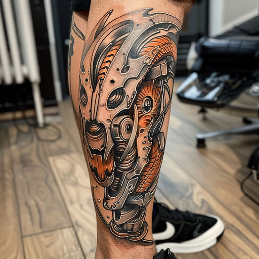 Biomechanical tattoo with nautical themes, Sailor Jerry style