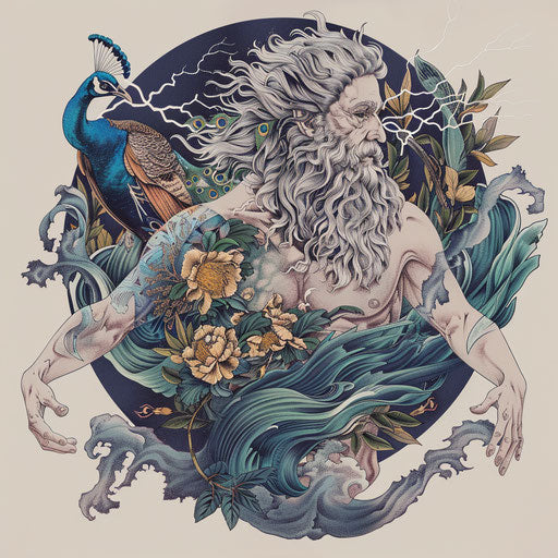 Art nouveau Zeus with natural elements and peacocks