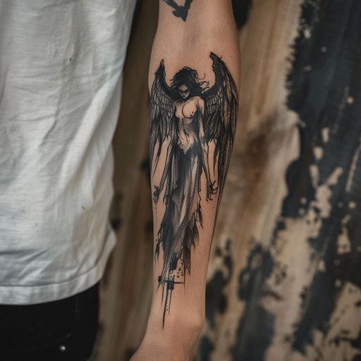 Men's forearm tattoo with dark angel, brom style