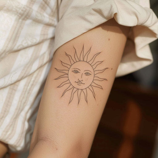 Minimalist sun fine line tattoo in the style of David Palumbo