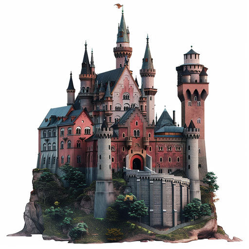 Realistic castle on flat random background, high contrast
