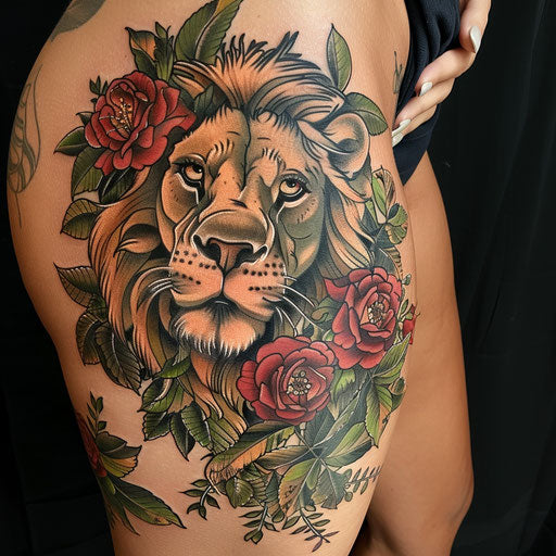 Lion and roses thigh tattoo in the style of Peter Jackson