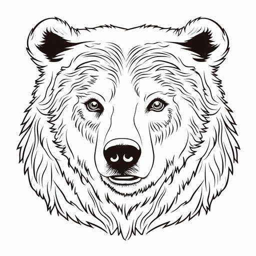 Bear coloring page showing face, realistic yet stylized style, simple