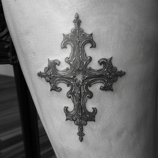 Gothic-style strength cross tattoo with detailed stonework