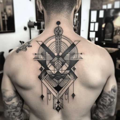 Black and grey tattoo with geometric patterns