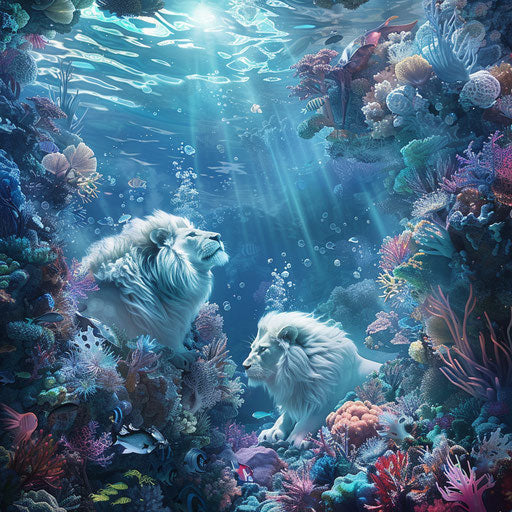 Marine lions swimming among coral reefs