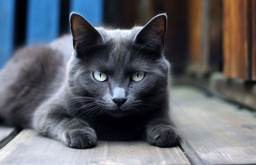 Black cat on wooden deck, light indigo and dark gray style, velvety textures, masculine, booru, pretty 17:11