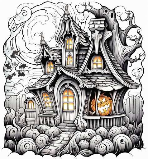 Coloring pages vampire, witch and dwarves halloween house