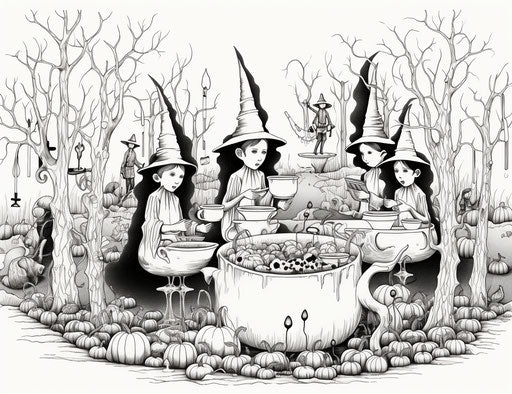 Witches in a coloring page, monochromatic style, animated tableaus