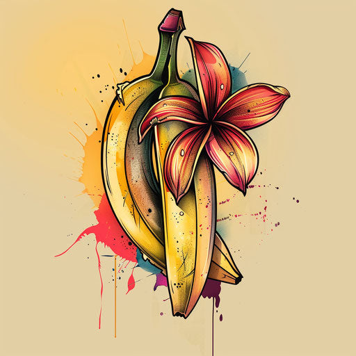 Dynamic flat tattoo sketch of a banana peeling itself with a playful twist