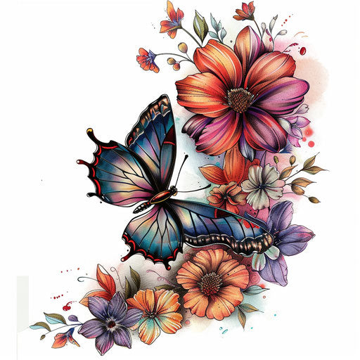 Vibrant butterfly and blooming flower tattoo design