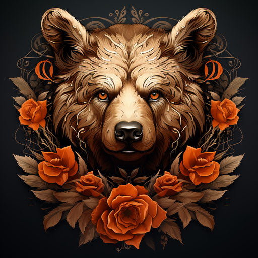 Floral Bear Tattoo in Dark Orange and Bronze, Eco Art