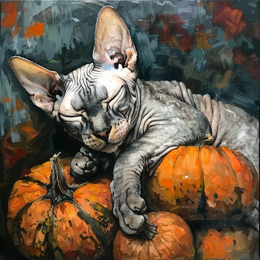 Cornish rex cat resting among pumpkins