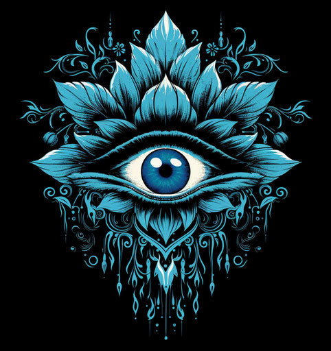 Eye surrounded by a lotus floral design, light black and azure