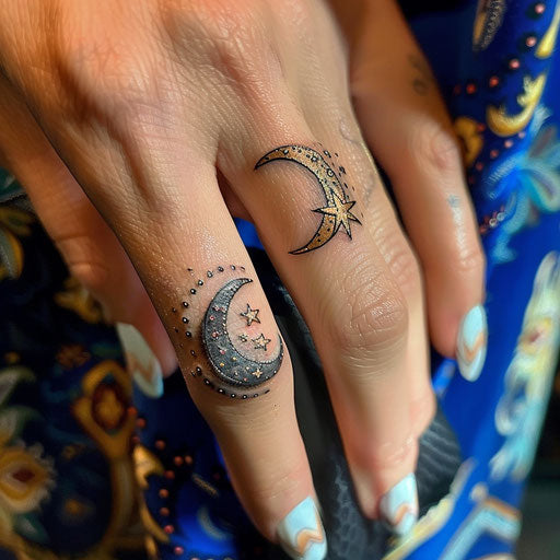 Ring tattoo of a celestial moon and stars, David Palumbo style, finger