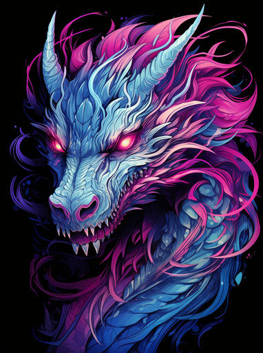 Dragon tattoo in black, blue, and pink, vibrant energy