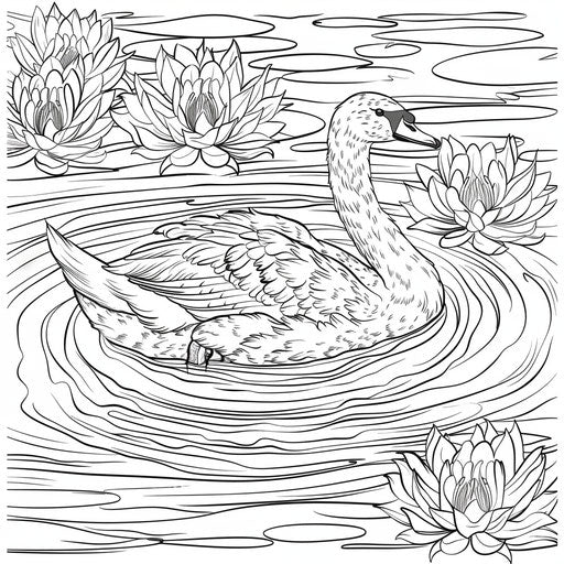 Serene swan floating on a lake with water lilies