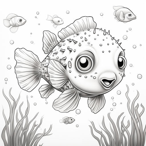 creative style cartoon pufferfish, high quality monochrome photo
