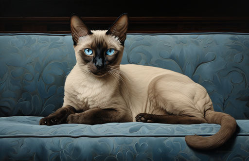 Siamese cat with blue eyes sitting on a beige and white couch