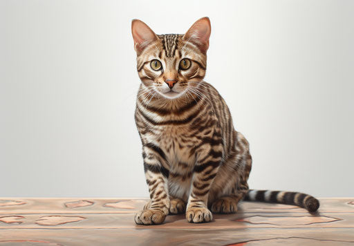 Tabby cat on white tabletop, light brown and maroon style, delicate markings