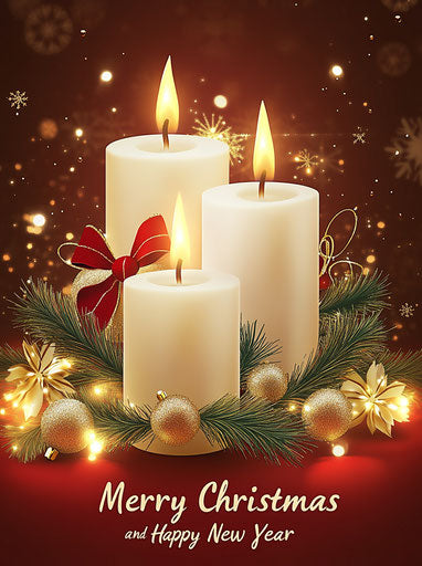 Festive white candles and Christmas decorations