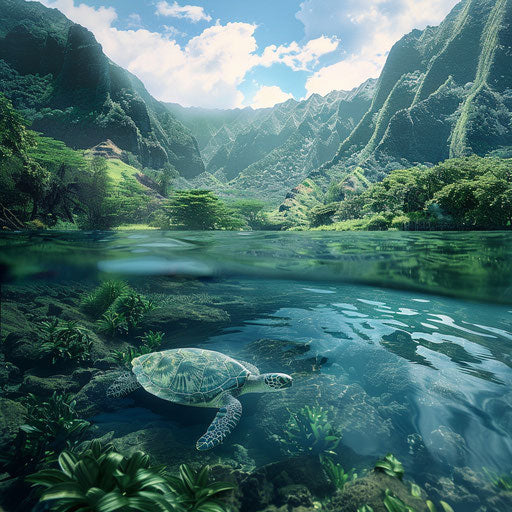 A water turtle blending into a crystal-clear river flowing through a lush valley.
