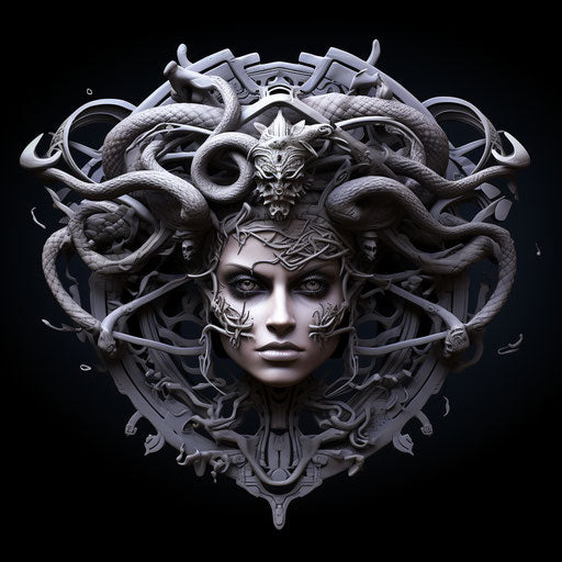 Medusa face in black and white, 2D game art style