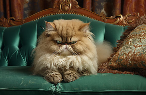 Persian cat on the couch, exaggerated facial features style