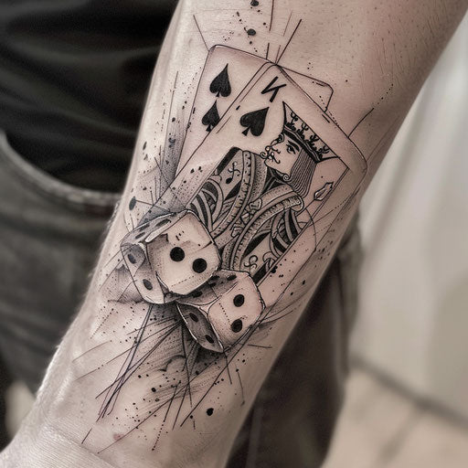 Artistic gangster tattoo with dice and cards on white background