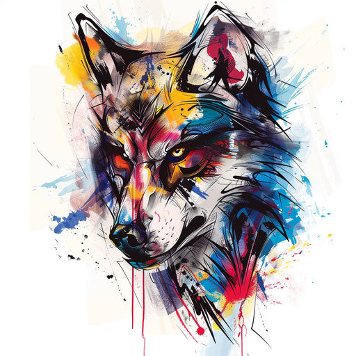 Expressionist tattoo sketch of a lobo with dynamic brush strokes and vivid colors