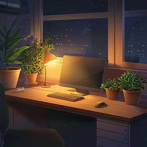 Desk illustration with flat random background and ethereal glow
