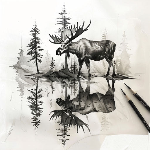 Nature-inspired flat tattoo sketch of a moose by a lake