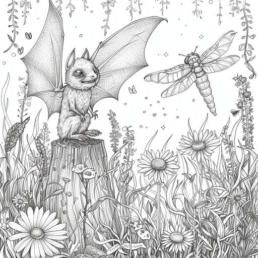 A whimsical scene of a bat making friends with a dragonfly.