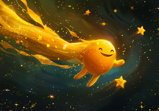 Yellow character flying with stars, smiling