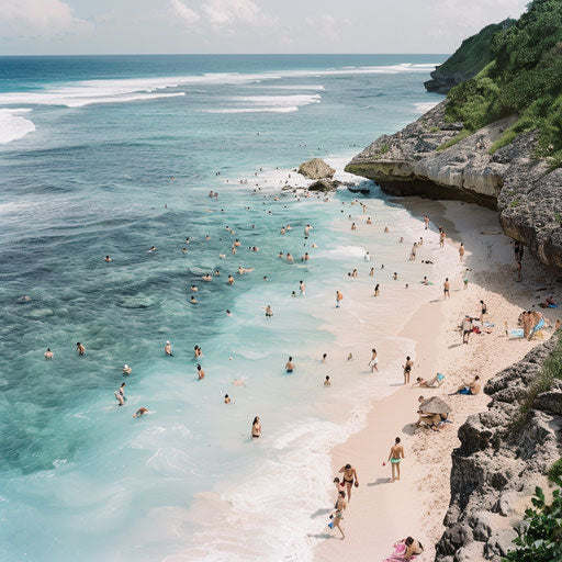 Pandawa Beach, Indonesia with families enjoying the sun and sea