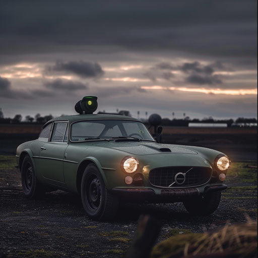 1966 Military-themed Volvo P1800 with matte green paint and mounted spotlight on deserted airfield