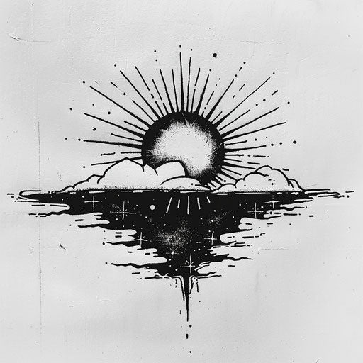Flat tattoo sketch of a rising sun with minimalist black and grey shading